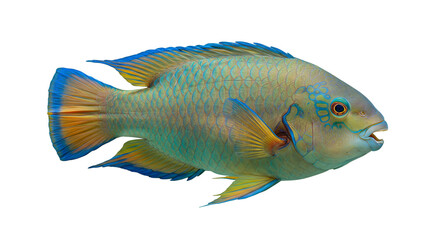 A close up shot of a colorful fish with blue and yellow fins and a black background in a studio shot