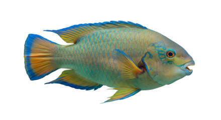 A close up shot of a colorful fish with blue and yellow fins and a black background in a studio shot