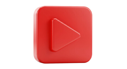 A red square with rounded corners containing a white play button on a black background in a studio shot