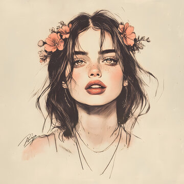 Soft vintage-style sketch of Tate McRae with flowers in her hair, capturing a nostalgic indie aesthetic and delicate emotional tone