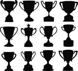 Set of 12 black silhouette of trophy cups vector illustrations