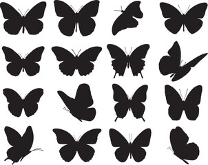 Set of 16 black silhouette of realistic beautiful butterflies