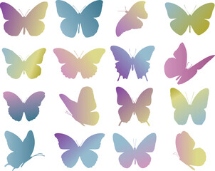 Set of 16  colorful gradient silhouettes of realistic beautiful butterflies