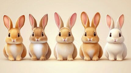 Obraz premium Adorable Lineup of Five Fluffy Bunnies: A Digital Art Piece