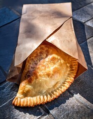 Golden-brown fried empanada in paper bag on stone surface