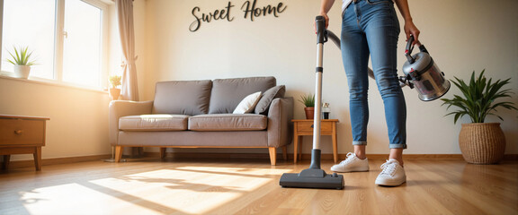 Person vacuuming cozy living room with afternoon sunlight, home comfort