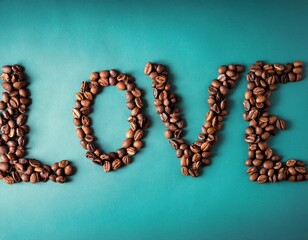 Love written with coffee beans on teal background
