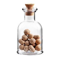 A clear glass jar with a cork stopper, filled with round, cracked-texture brown balls, possibly decorative objects or dried natural materials used for display or storage.