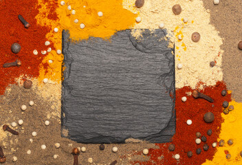 bright background of spices: turmeric, paprika and black pepper.