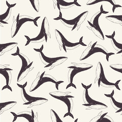 Vintage hand-drawn seamless pattern with blue whale. Monochrome ink. Designed for wrapping paper, packaging, fabric, and textiles. Vector illustration.