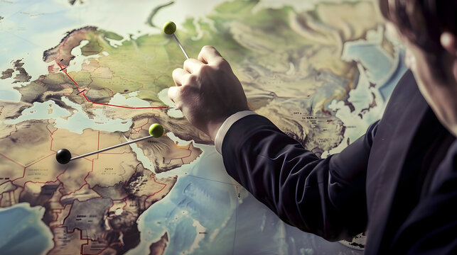 A person in a suit pointing at a world map with pins marking locations and a red route line drawn on it