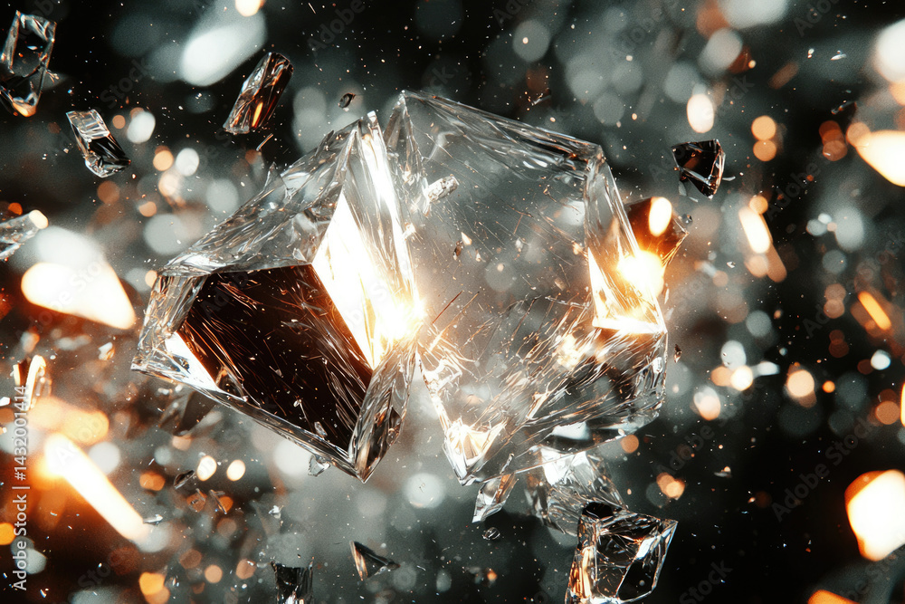 Aufkleber shattered crystal cubes explode in a dramatic display of light and fragmented glass.
