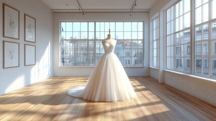 Elegant wedding dress in a bright showroom
