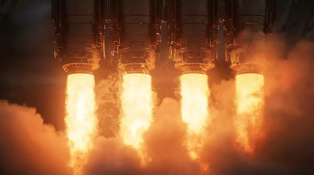 Rocket engine ignition test space facility close-up photography industrial environment dramatic view engineering brilliance