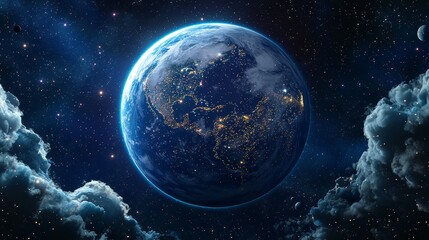 Obraz premium Stunning Panoramic View of Earth from Space Glowing City Lights and Wispy Clouds Generative AI Visualization