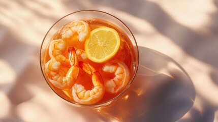Succulent Shrimp in a Glass with Lemon Slice, bathed in Sunlight