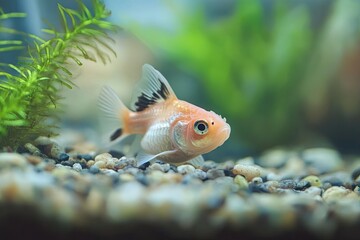 Obraz premium A delicate orange-and-white goldfish swimming in an aquarium.