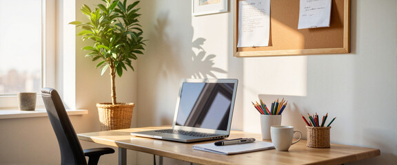 Cozy home office workspace illuminated by morning sunlight, productivity
