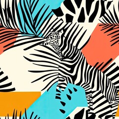Abstract Zebra and Palm Leaf Collage: Vibrant Tropical Geometric Design