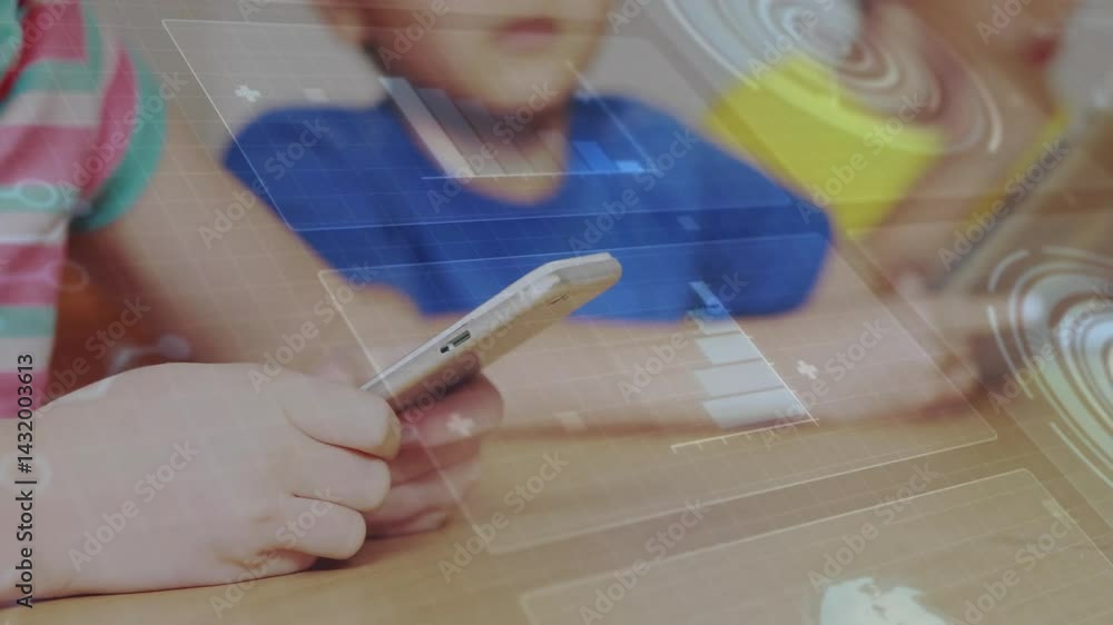 Poster three students using phones and tablets in classroom, displaying holographic charts and grids