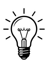 Vector line illustration of a classic incandescent light bulb with radiating lines in black and white. Represents idea, inspiration, and innovation.