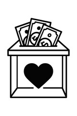 Vector line illustration of a donation box with a heart symbol and dollar bills in black and white. Represents charity and giving.