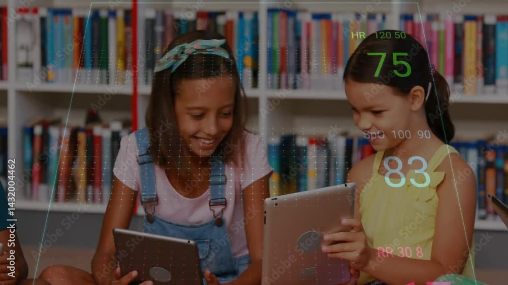 Poster girls using tablets in library for health education, showing animated hr spo2 rr waveform graphs