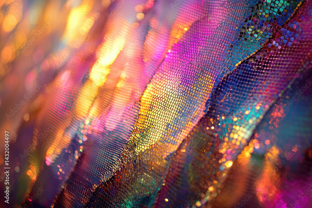 Poster Abstract iridescent texture with vibrant colors and glittering scales, creating a mesmerizing visual effect.