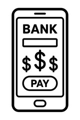 Vector line illustration of a smartphone displaying a mobile banking or payment screen in black and white. Represents online banking, digital payments, and mobile finance.