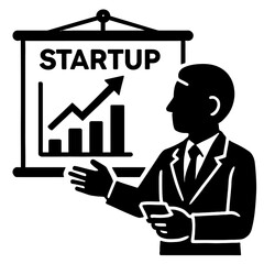 Vector silhouette illustration of a businessman giving a presentation on a startup with upward trending graphs. Represents entrepreneurship, new business, and growth.