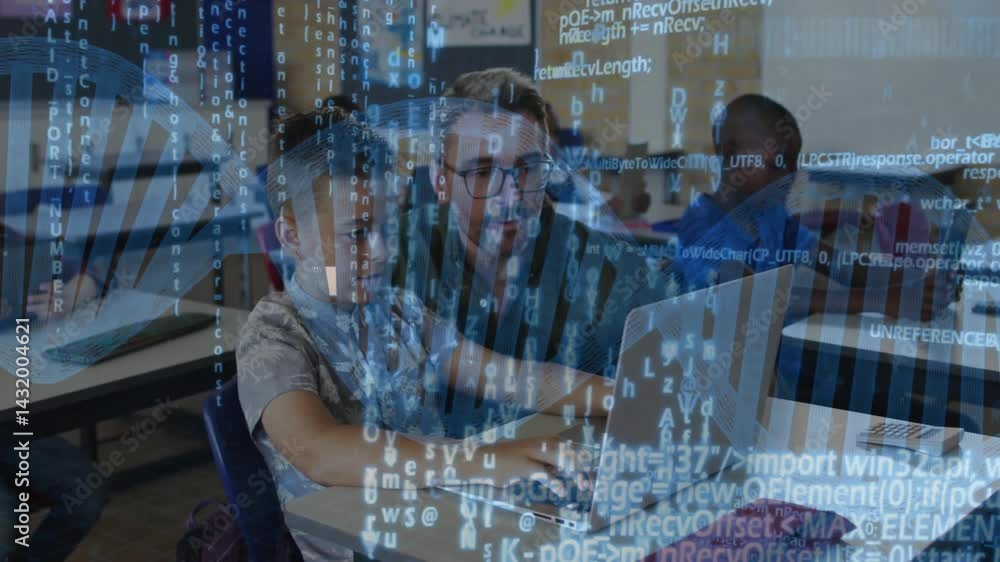Poster teacher leaning over helping boy student typing code in computer lab, with code overlay graphics