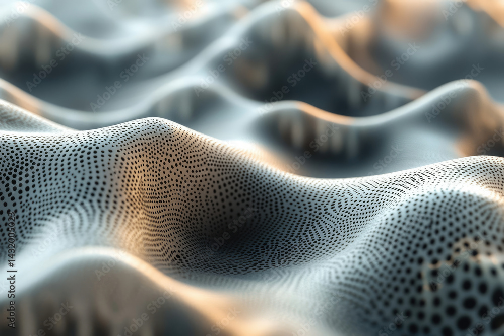Fototapete Abstract 3D rendering of a wavy surface with a dotted pattern, illuminated by soft light.