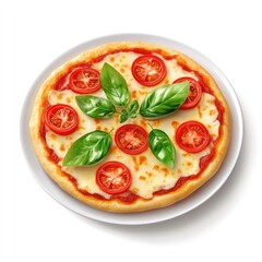 Delicious round pizza topped with mozzarella cheese, tomatoes, and fresh basil.