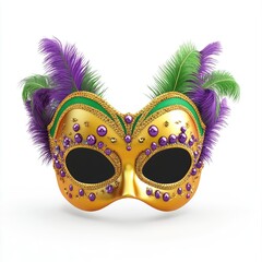 Ornate gold Mardi Gras mask with purple and green feathers.