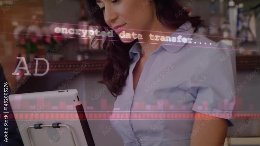 Poster woman interacting with tablet in cafe, showcasing encrypted data streams and security charts