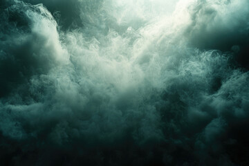 An ethereal, dark teal smoke cloud fills the frame, creating a mysterious and atmospheric scene.