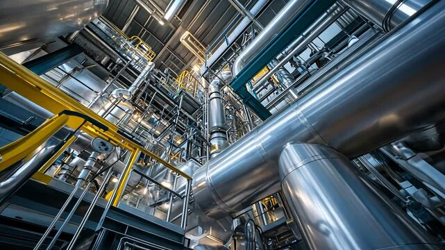 Complex Industrial Interior with Pipes and Metal Framework showcasing intricate piping design