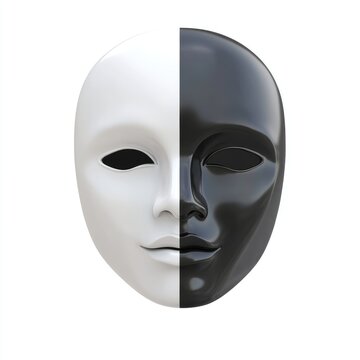 A bisected mask, divided into opposing halves of white and black.