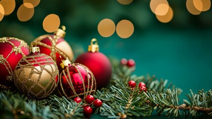 Obraz premium Festive Square Banner Featuring Gold and Red Christmas Icons Tree, Ornaments, Tinsel Confetti and Snowflakes on Green Backdrop - Perfect for Website Header