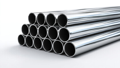 A collection of impeccably preserved stainless steel seamless tubes and pipes, with cylindrical shapes that reflect a polished shine, characterized by their impeccable construction and seamless joints