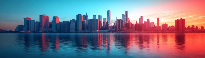 Fototapeta premium The towering skyline of the metropolis, viewed from across the tranquil waters, bathed in a radiant sunset glow. The city's architecture reflects beautifully