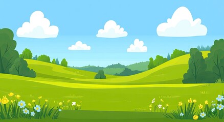 A picturesque landscape of rolling hills and a vibrant meadow on a sunny day.