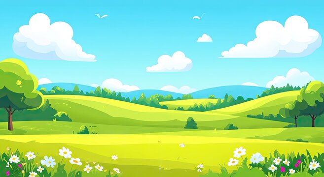 A vibrant illustration of a lush green landscape with rolling hills, trees, flowers, and a clear blue sky.