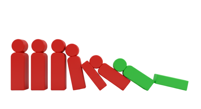 Red and green figures in a domino effect on a black background showing a cascading chain reaction photography transparent background
