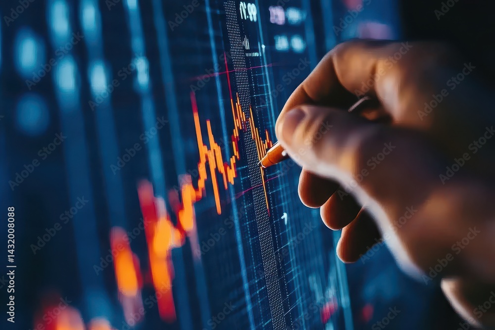 Poster close-up of a hand analyzing financial data on a screen.