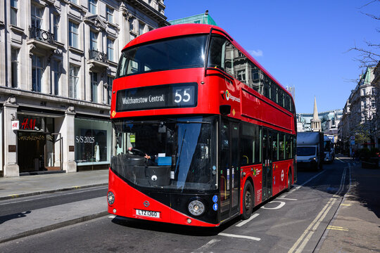 London, UK - April 2, 2025; London New Routemaster red double decker bus by Stagecoach to Walthamstow Central