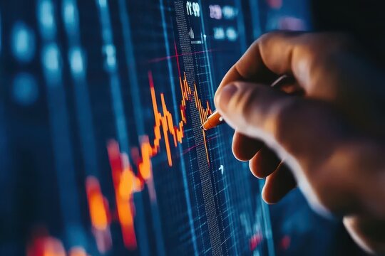 Close-up of a hand analyzing financial data on a screen.