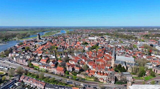 Aerial from the historical city Deventer at the river IJssel in the Netherlands