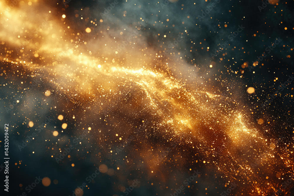 Poster Golden cosmic dust swirls and sparkles, creating a mesmerizing, ethereal abstract background.