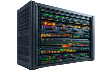 Server rack with colorful lights data center technology network infrastructure